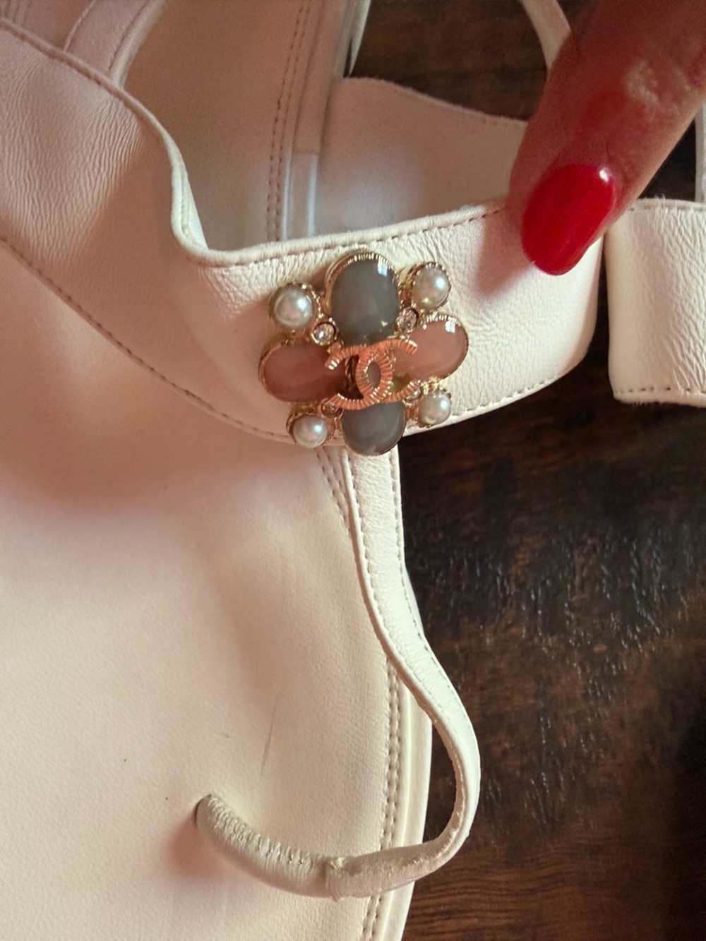 Chanel Women's White T-Strap Sandals with Decorative Accent - Picture 3 of 5